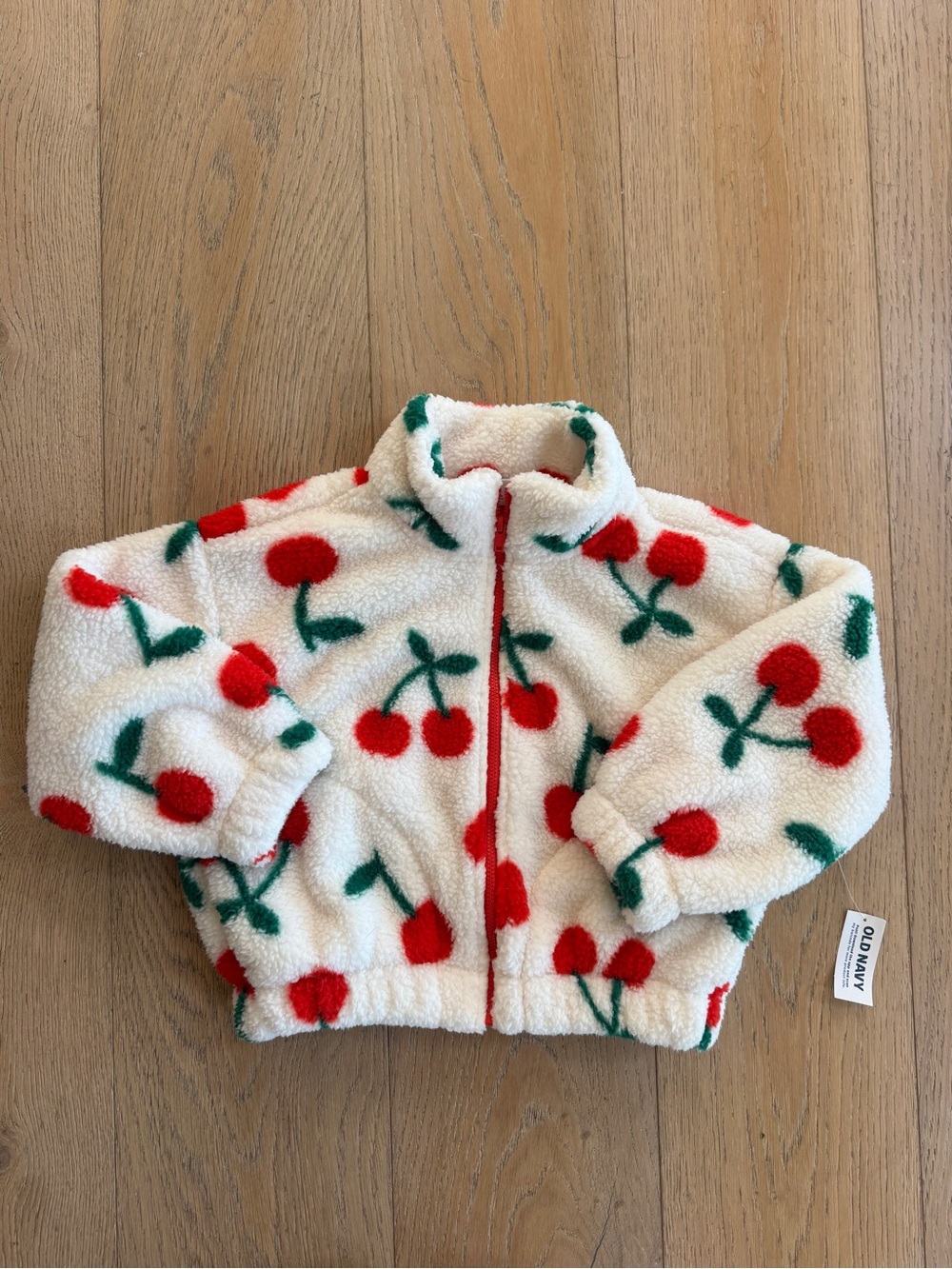 Old Navy Cream Sherpa Jacket with Red Cherry Print